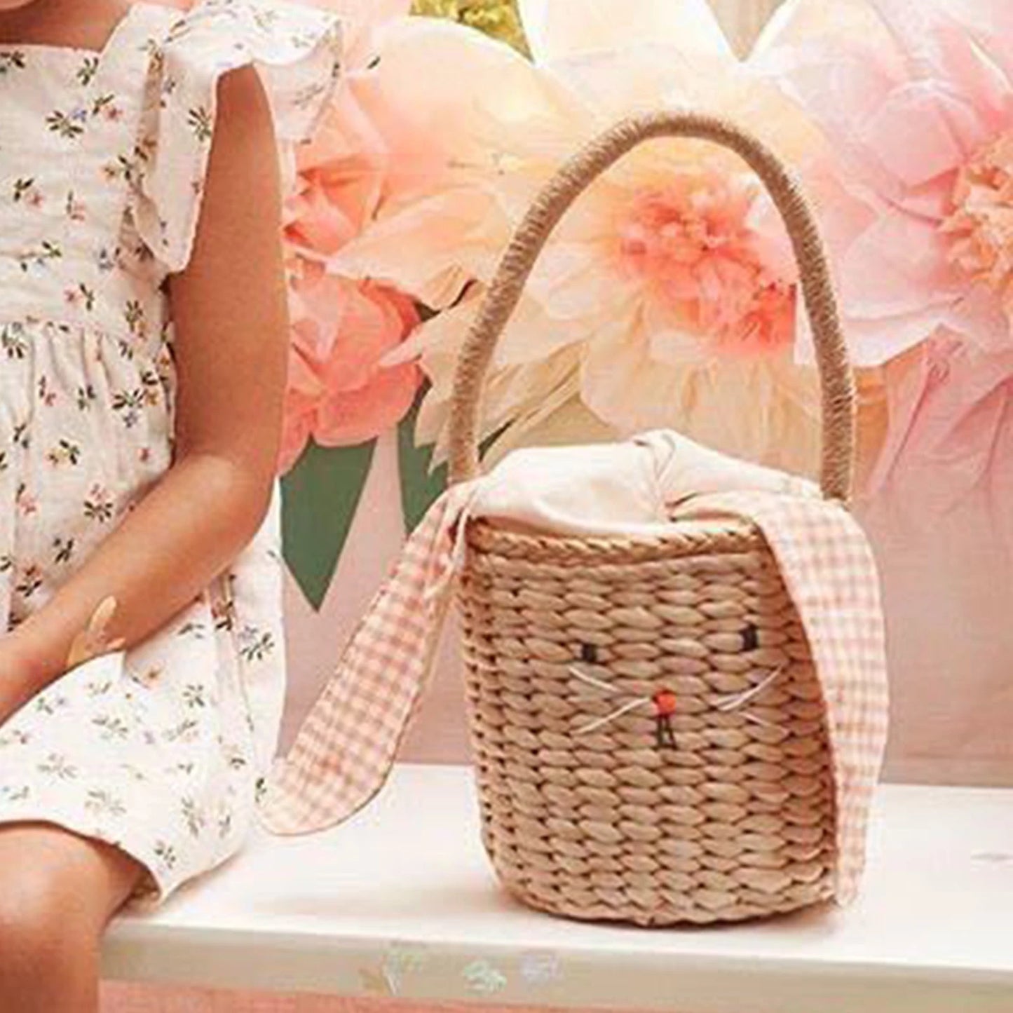 Sac tressé lapin avec oreilles en tissu vichy